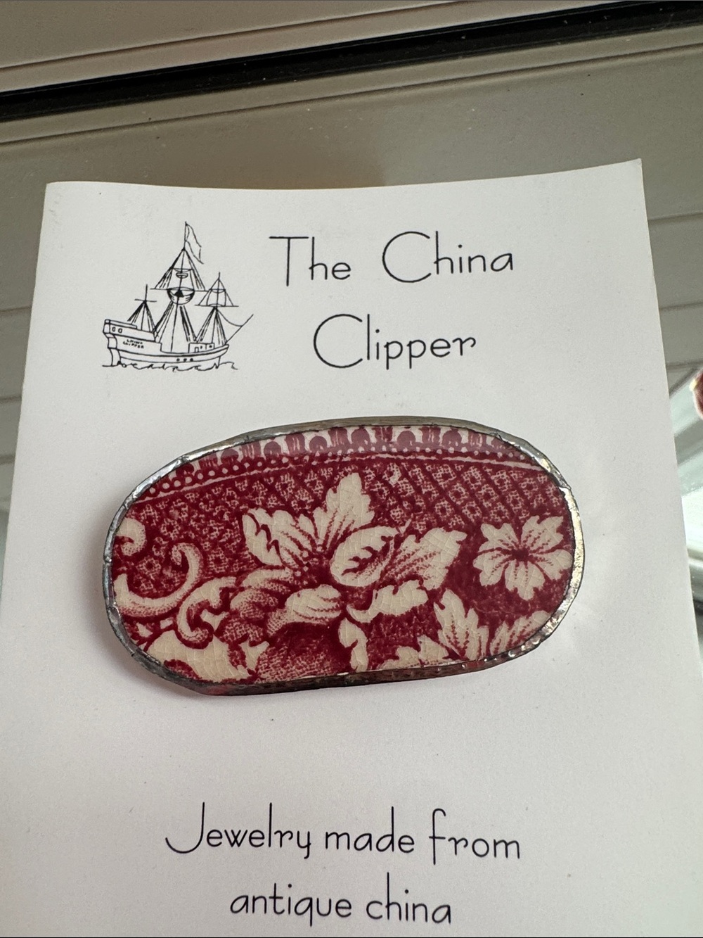 Red Floral Antique China Brooch Pin